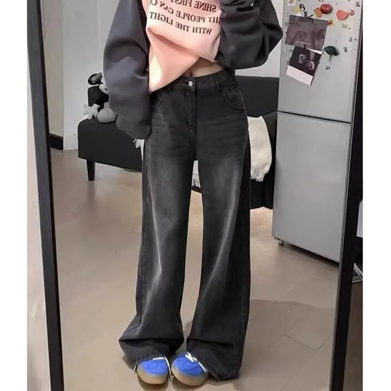 

Черные, серые широкие джинсы для женщин, новые прямые брюки длиной до пола, американские утягивающие джинсовые брюки с высокой талией, брюки