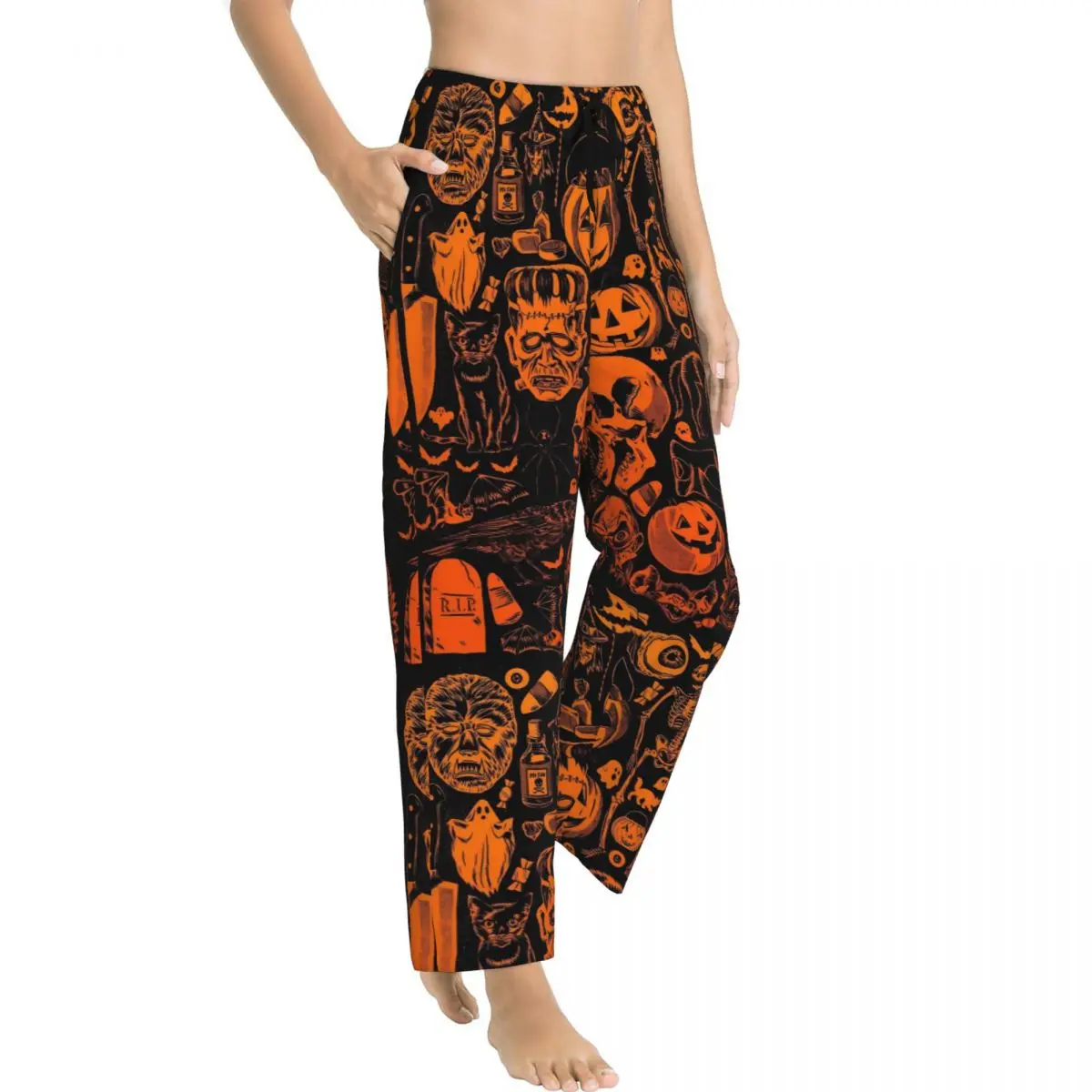 Women Pajama Pants Happy Halloween Loungewear pants with Pockets Pumpkin Skull Pj Bottoms Home