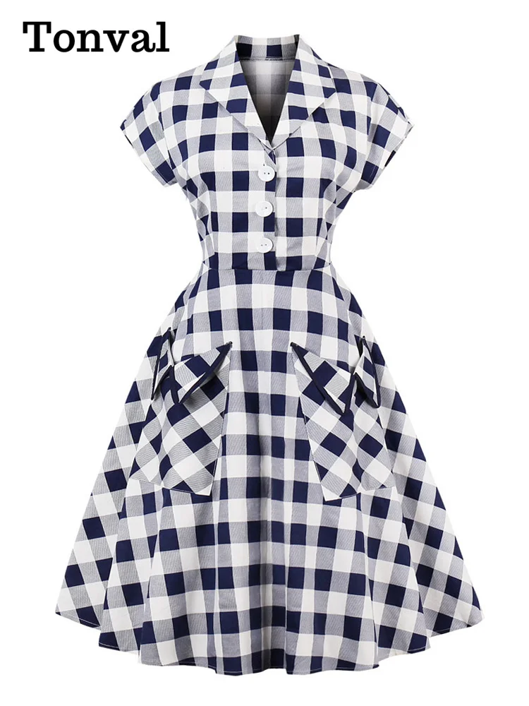 Tonval Blue and White Gingham Vintage 50s Pinup Dresses for Women Summer Big Pockets Cotton Elegant Plaid Midi Dress