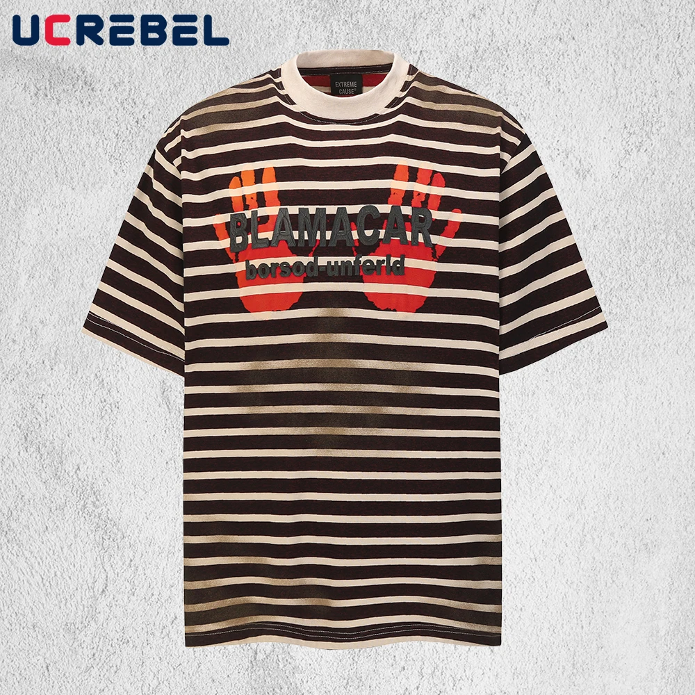 

Мужская полосатая футболка с коротким рукавом, летняя, с объемным принтом, в стиле ретро, уличный стиль, свободного кроя, с круглым вырезом, из хлопка