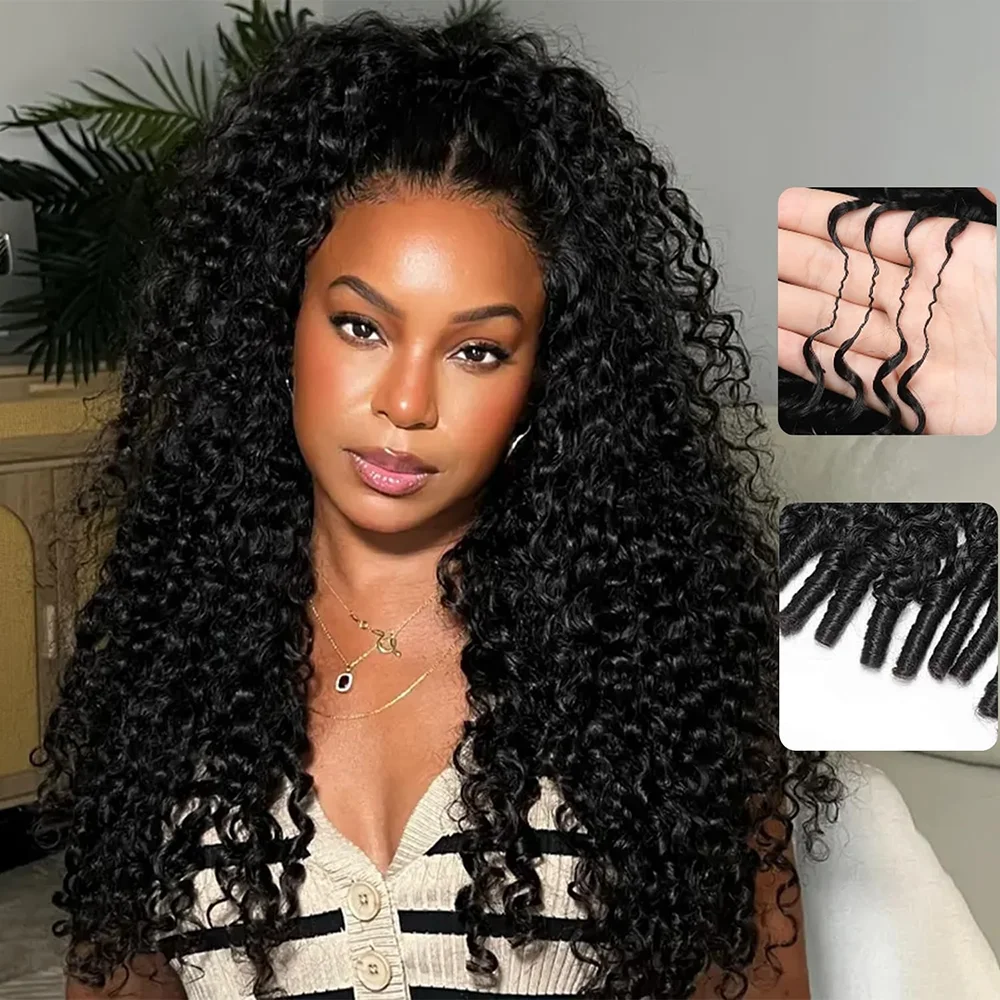 Capelli umani naturali, neri, ricci, con effetto piuma, realizzati con la tecnica del crochet, extension per capelli umani, con nodi pre-annodati, leggeri, ideali per l’uso quotidiano da parte delle