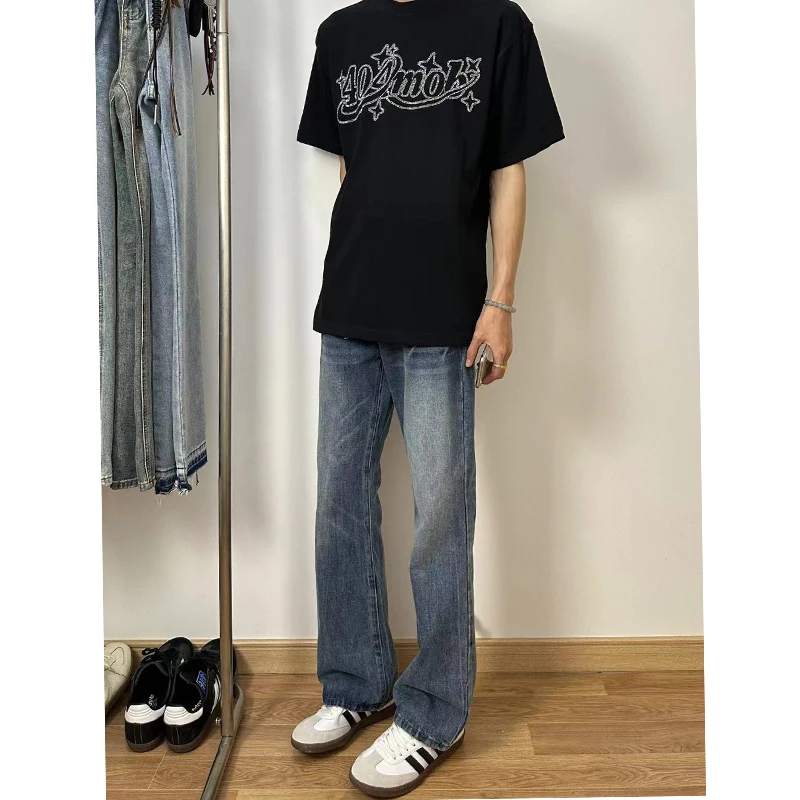 

Американские джинсы High Street Blue Jeans для мужчин, летние, прямого кроя, с эффектом потертости, слегка расклешенные, OOTD, с высокой талией, длинные брюки