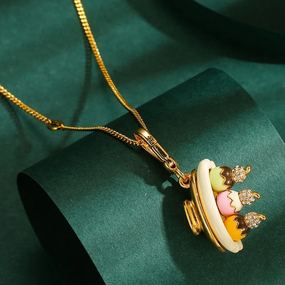 

Fashion Cute Copper Gold Plated Enamel Inlaid Ice Cream Banana Boat Pendant Necklace Bag Charm Women Sweet Daily Jewelry Gift