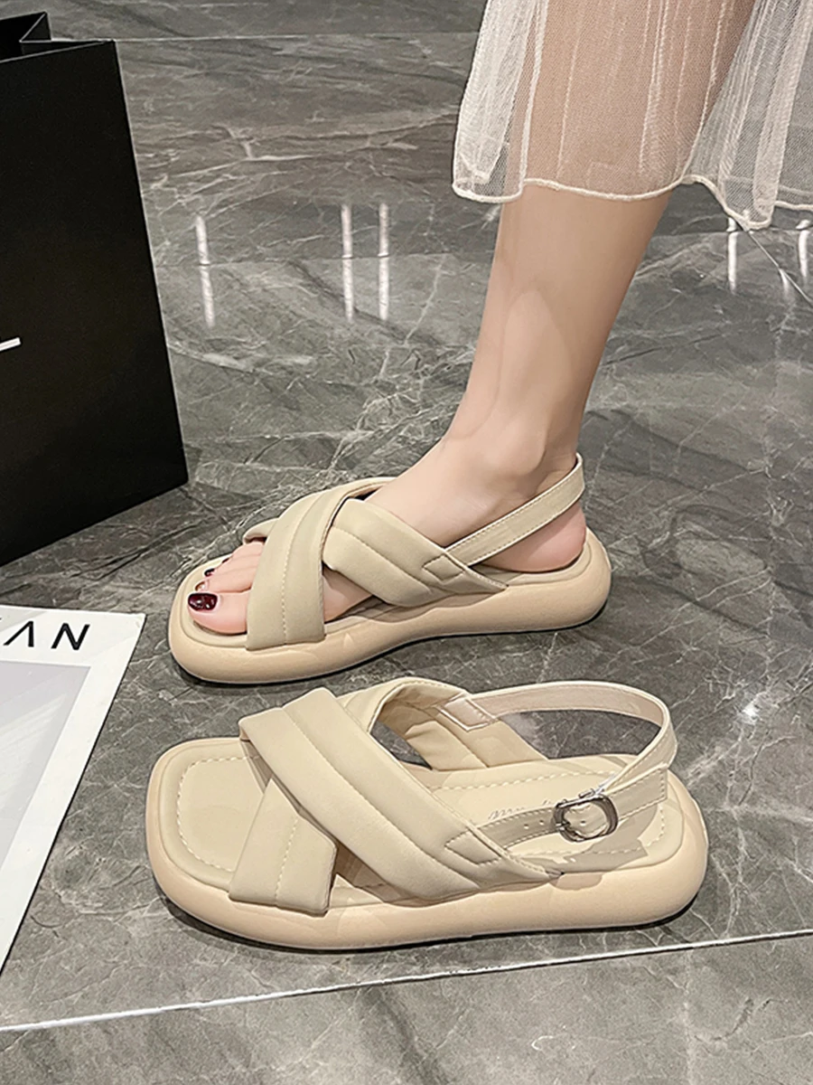 Med Female Sandal Clear Heels Espadrilles Platform Beach Shoes 2023 Summer Medium Girls High Beige Flat New Comfort Fashion Retr