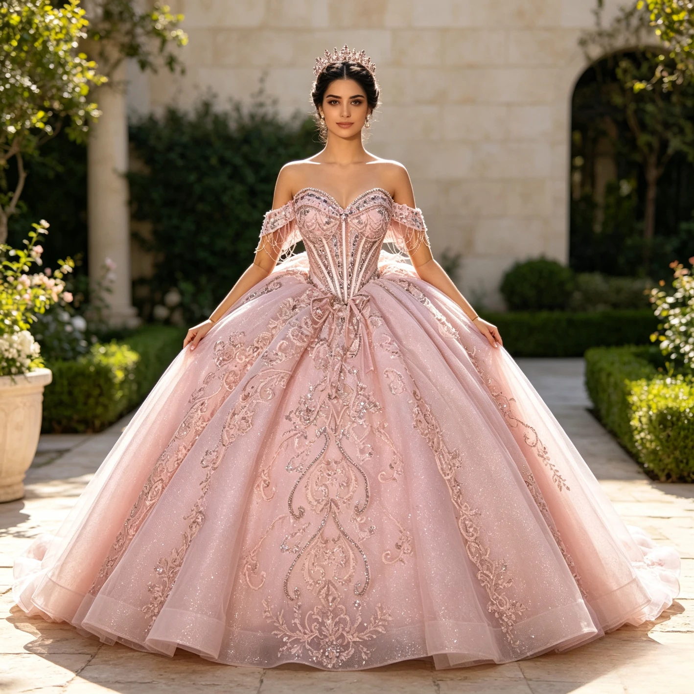 Customized Women's Pink Shiny Off Shoulder Quinceanera Ball Gown Lace Applique Crystal Bow Sweet 16 Gala Birthday Party Dress