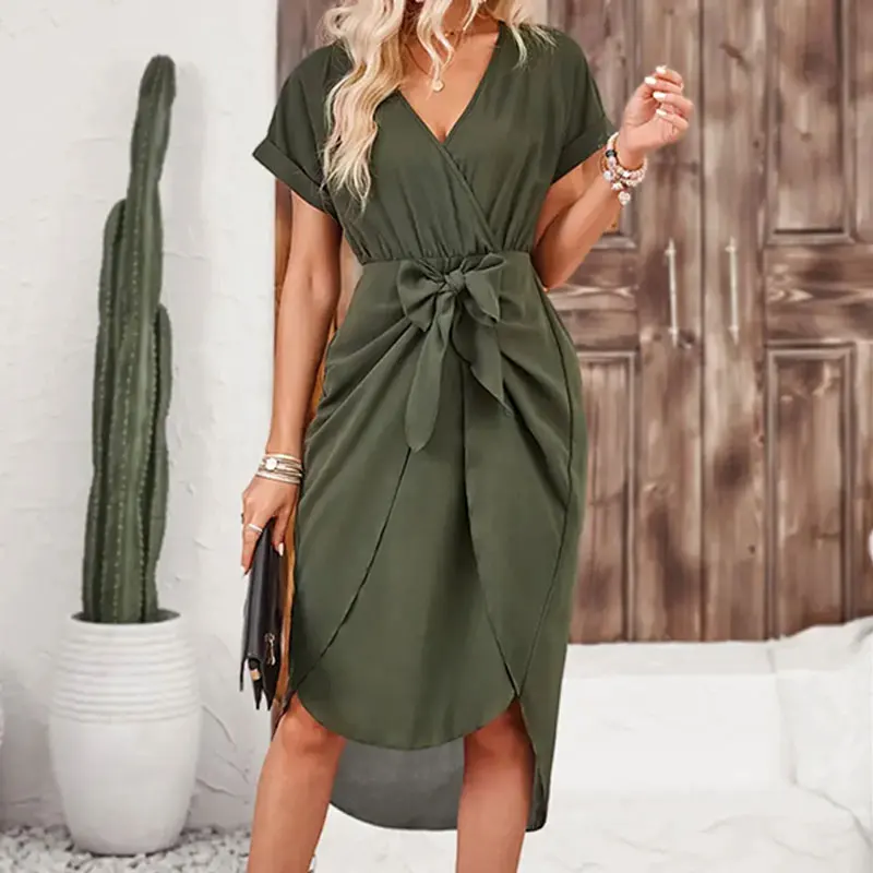 Y.KUKU 2024 New Dress Women Short Sleeve V-neck Irregular Tie Casual Clothes For Women Slim Fit Elegant Solid Vestidos