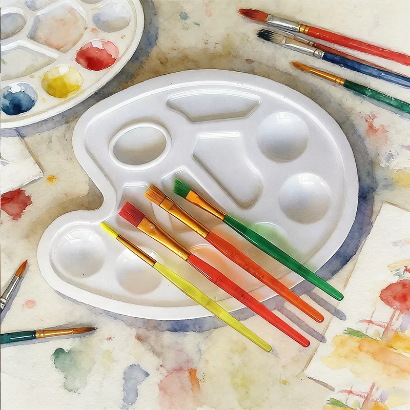 Art Painting Tool Set - Oval Palette + 4 Brushes + Palette Knife for Watercolor Acrylic Painting