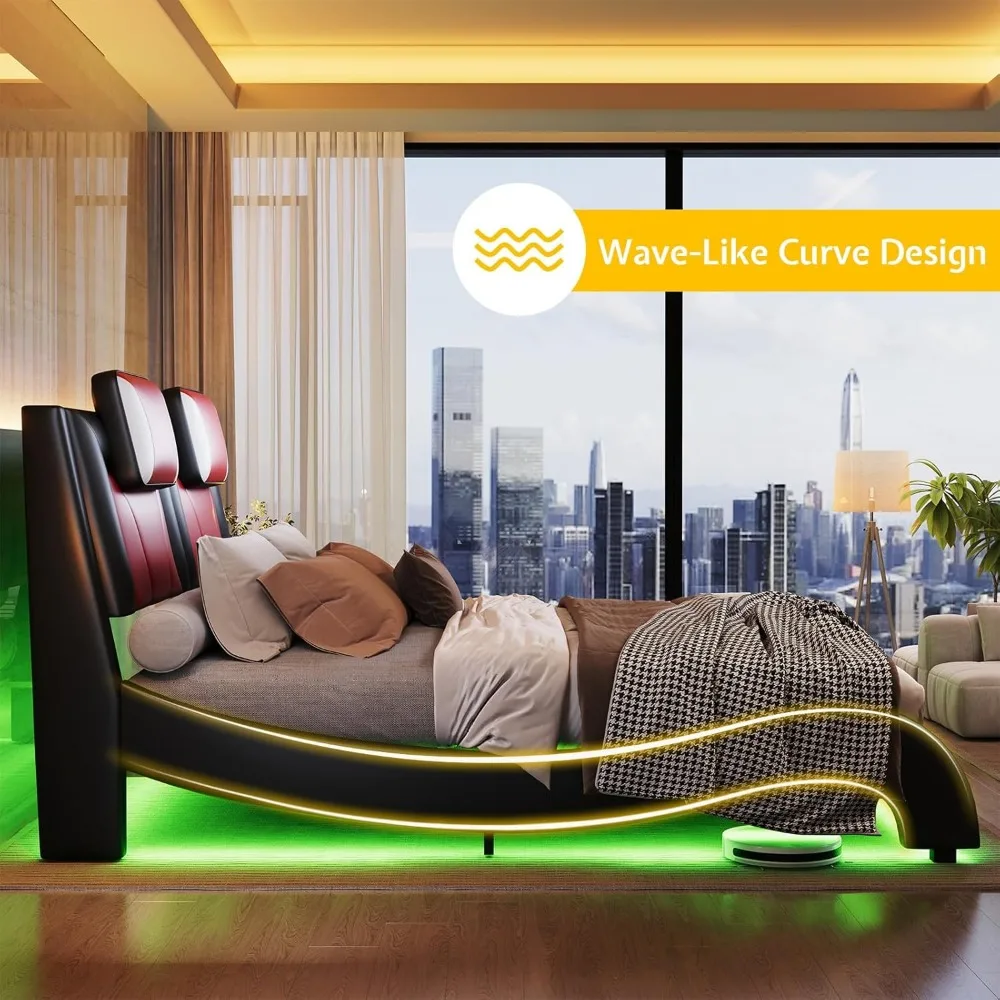 إطار سرير بحجم كوين LED من Jocisland، سرير منجد من الجلد الصناعي، تصميم مموج مثل المنحنى لا حاجة إلى صندوق زنبركي، أحمر