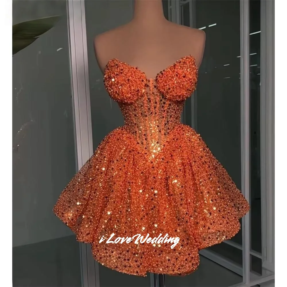 Orange Shiny Cocktail Dress Sweetheart Crystal Homecoming Dresses Sleeveless Mini Skirt Pleated Birthday Party Dresses Customize