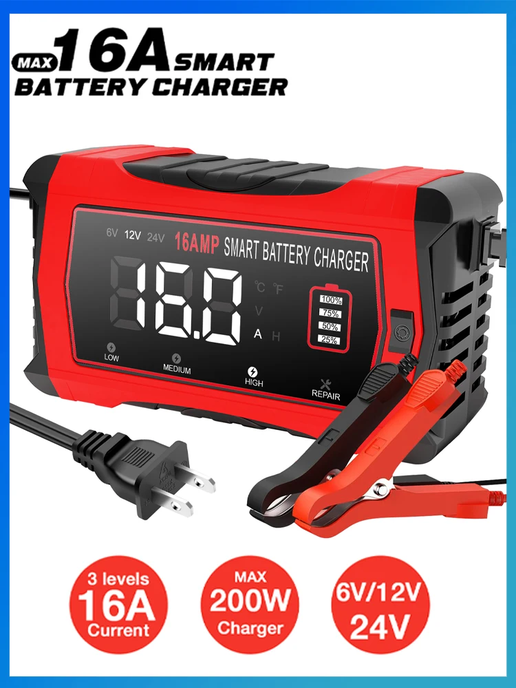 6V 12V 24V 16A Universele Reparatie Auto Acculader Intelligente Reparatie Motorfiets Oplader voor Lood-zuur AGM GEL LiFePO4 Batterij - afbeelding 2