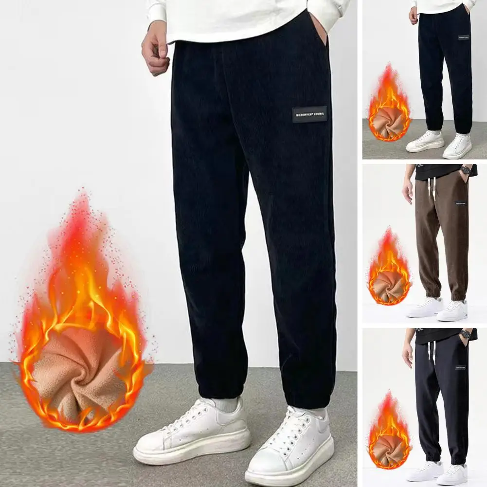 

Men Mid-rise Waist Corduroy Trousers Men's Thickened Plush Wide Leg Sweatpants with Drawstring Elastic Waist Pockets for Fall