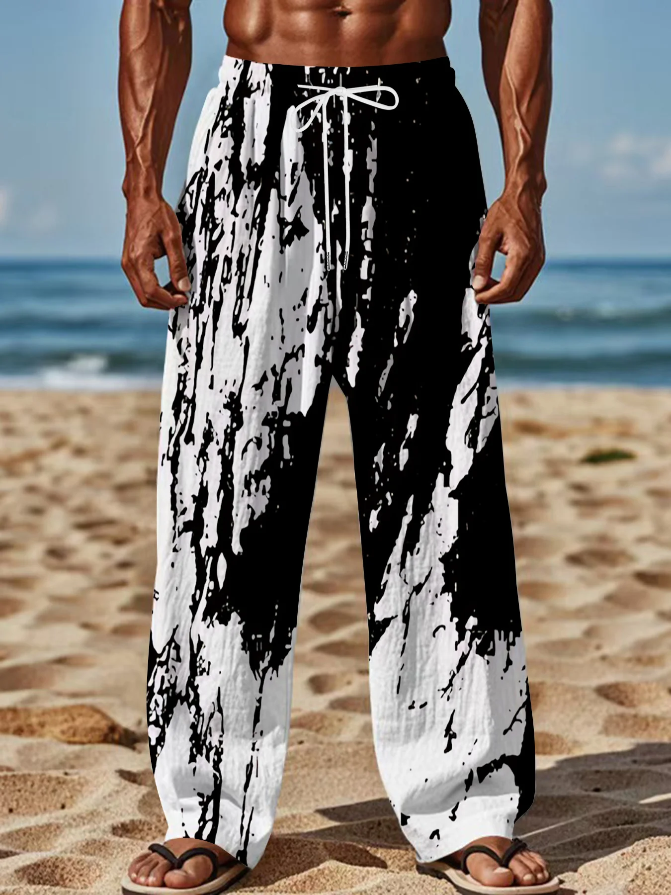 Pantalones con Estampado de Tinta Blanca y Negra, Impresos en 3D, para Hombre y Mujer, Pantalones Casuales de Pierna Recta para Vacaciones, Fitness y Deportes