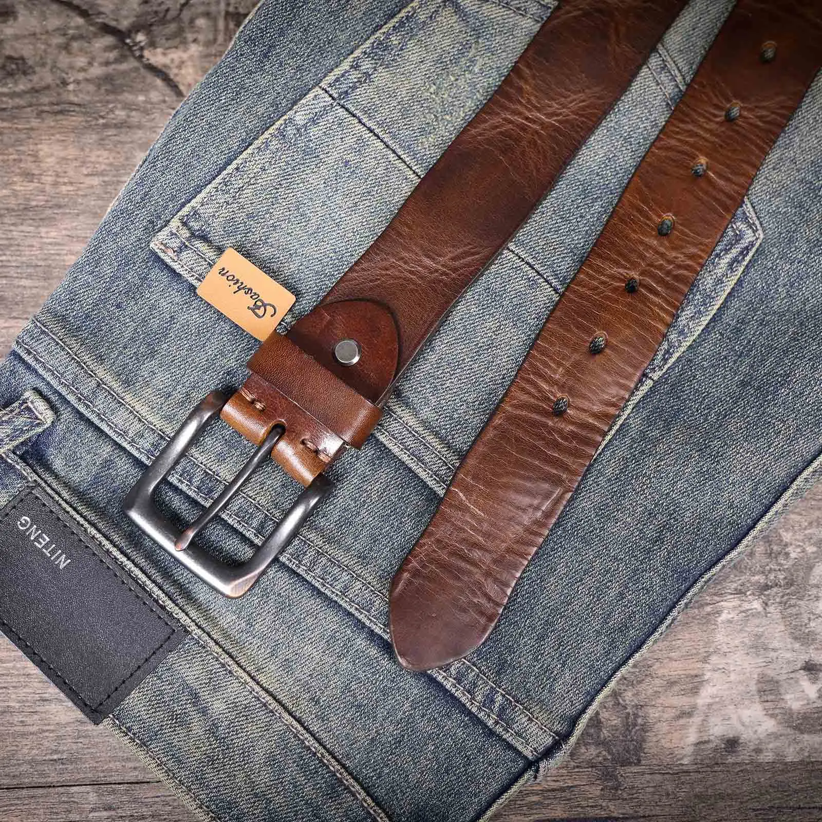 Vintage Echtleder Herren-Gürtel aus Rindsleder mit Dornschließe, Italienisches Verdicktes Leder mit Geschenkbox, Ideale Geschenkwahl – Detail 22