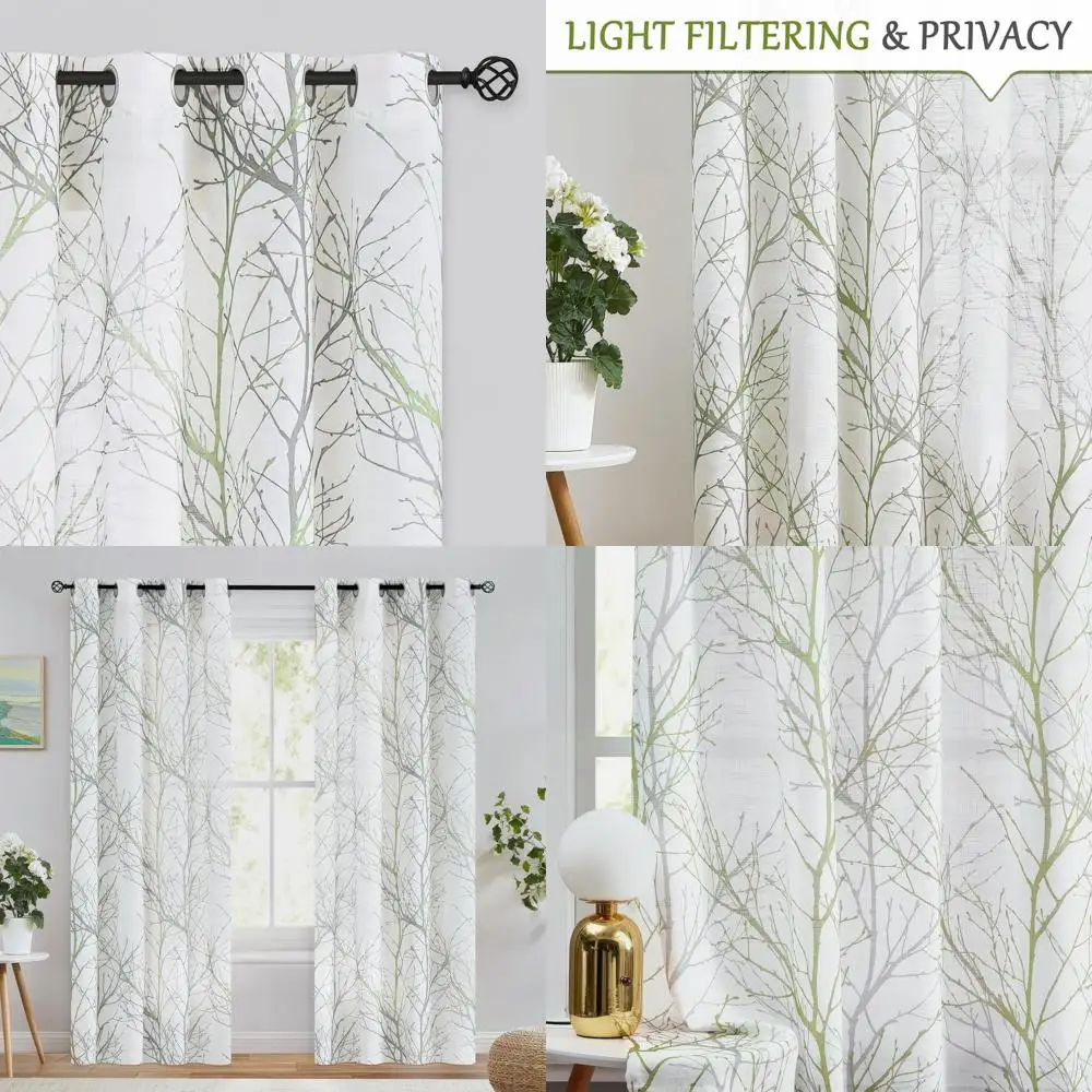 

Льняные полупрозрачные шторы темно-зеленого и белого цвета, длина 84, с принтом серой ветки дерева для спальни и гостиной