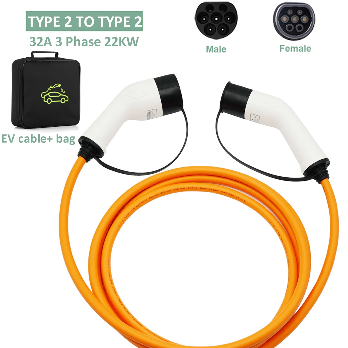 Charging Cable Type 2 to Type 2 32A Electric Car Mode 3 7.2KW Three Phase 22kw Cord 5M for Vehicle Fast Charging Station