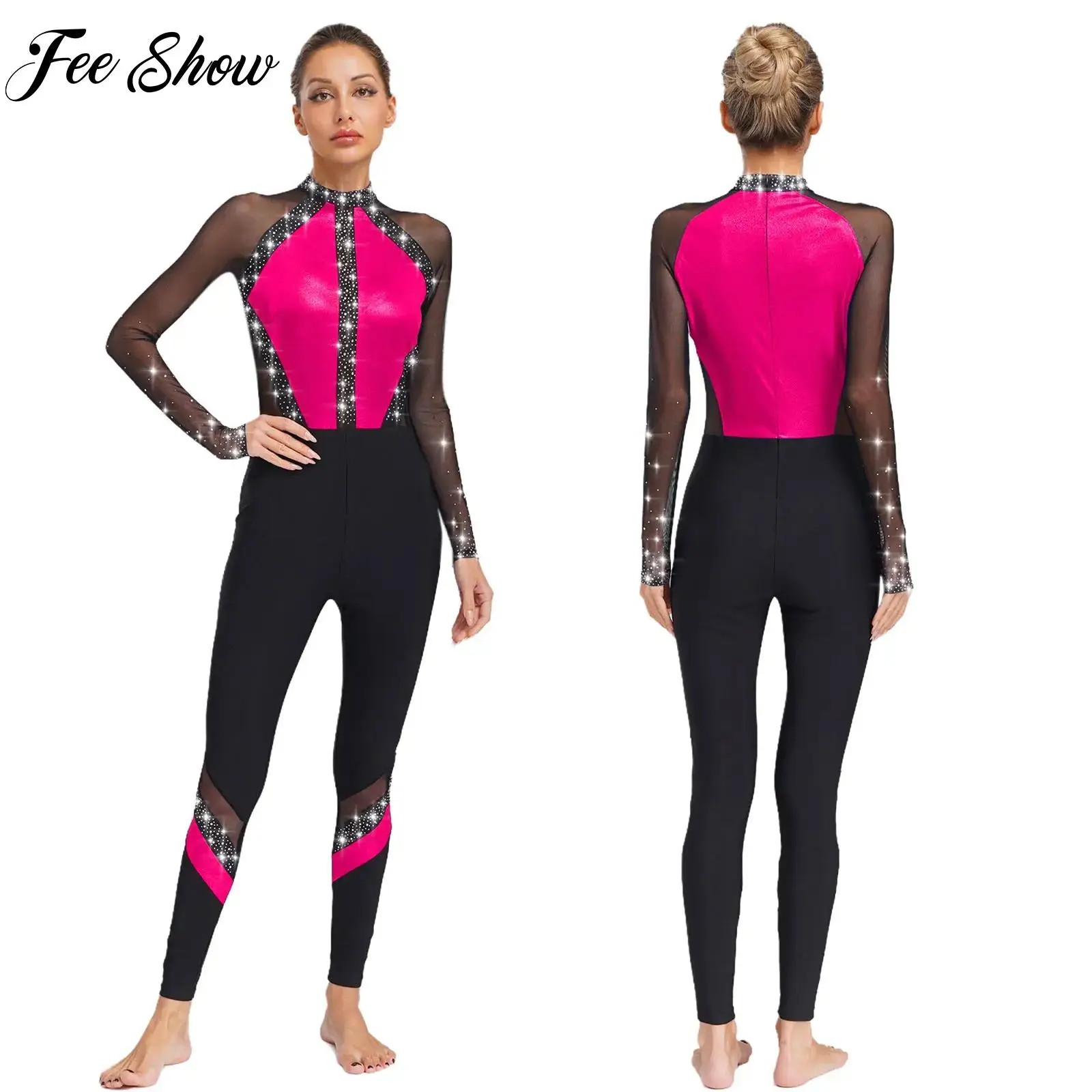 

Womens Gymnastics Dance Jumpsuit Ballet Modern Dance Figure Ice Skating Costume Rhinestones Tight Full Body Leotard Bodysuit
