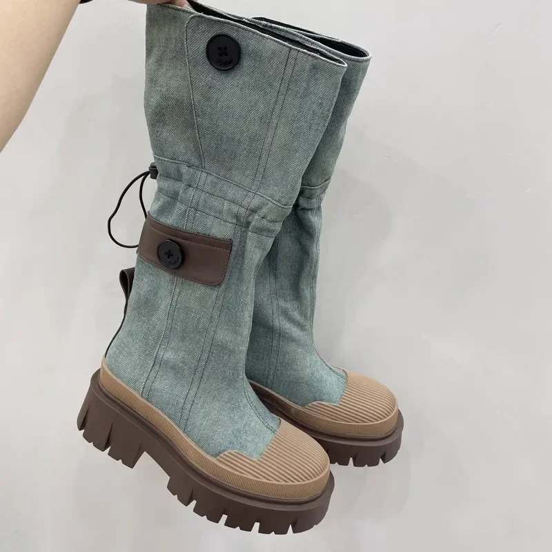 Shell Head Washed Denim Motorcycle Boots 2024 New Worn-out Denim Button Fashion Long  Boots Slimming Roman Women's Shoes