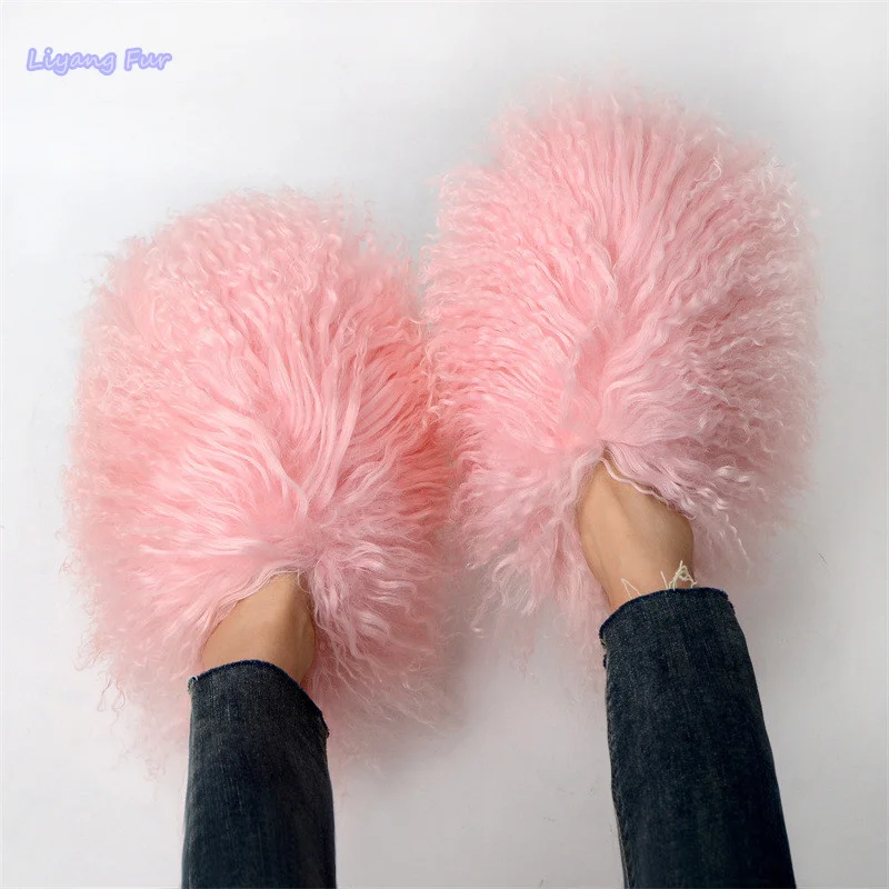 

New Designer Hot Selling Curly Long Hair Sheep Fur Slides Fashion Famous Brands Sheep Fur Slippers