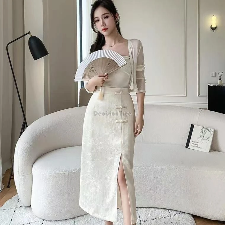 2024 summer new chinese improved fashion style elastic waist high waist slimming half skirt women jacquard slit a-line skirt