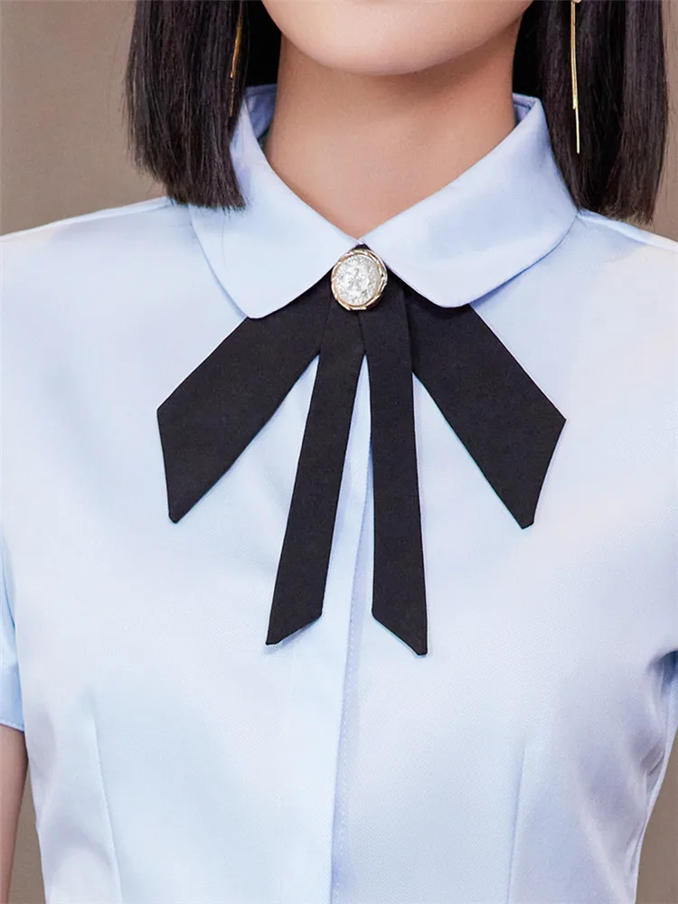 Women\'s White Short Sleeve Blouse Simple Workwear Chic Shirt Detachable Bow Tie Light Blue Top Work Clothes Summer 2023