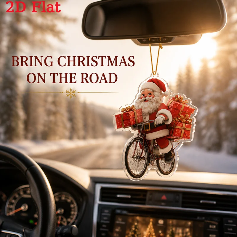 3/6-Piece Set of Santa Claus Riding a Bike Acrylic Ornaments, Including 2D Flat Christmas Ornaments with Gift Box Designs, Lightweight Holiday Decorations Suitable for Christmas Trees, Home Decor, and Car Rearview Mirr