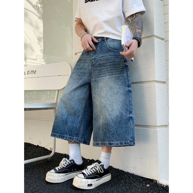 

American Retro High Waist Men's Jeans Loose Wide Leg Soft Straight Seven Tenths Length Denim Trousers