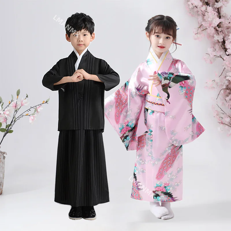 

Kids Japanese Style Kimono 8 Color Girls Floral Printing Bow Belt Slim Thin Soft Boys Samurai Style Cardigan Kimono Sets