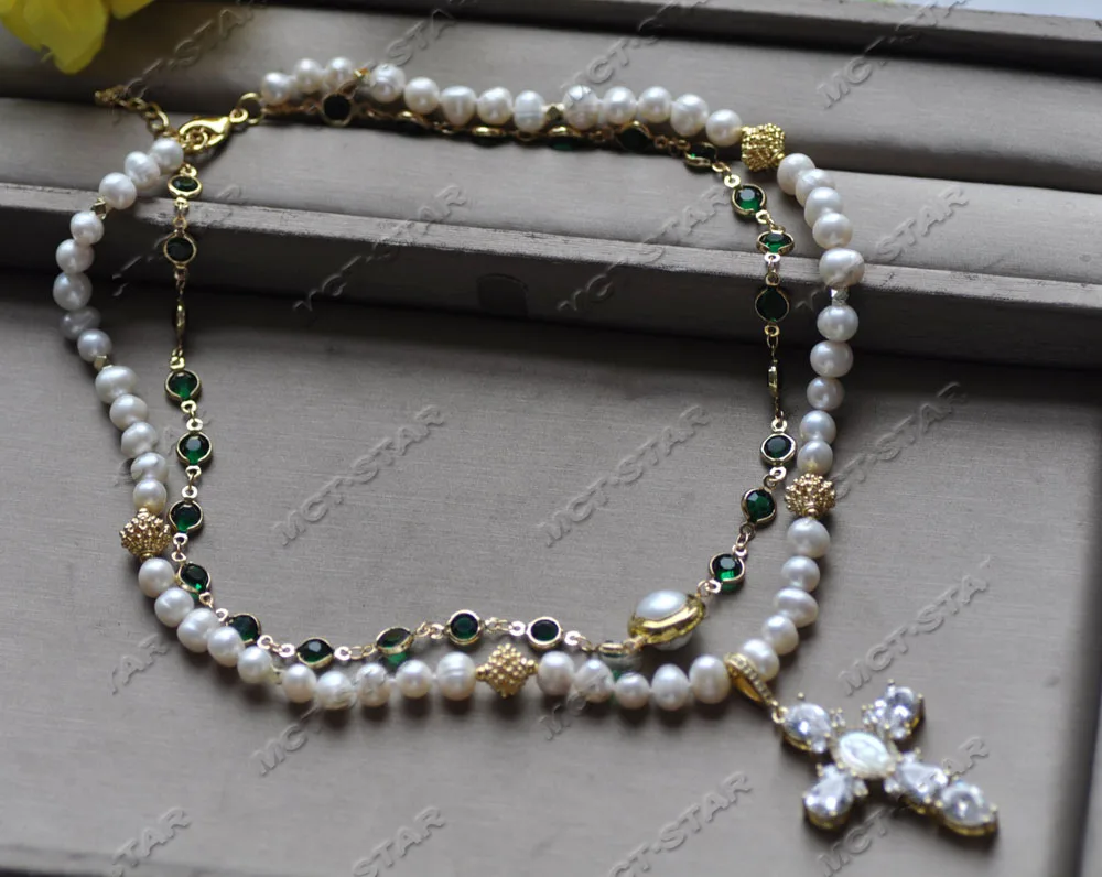 MTC·STAR  Z12801 2row White Round Pearl Green CZ Chain Virgin Mary Cross Pendant Necklace