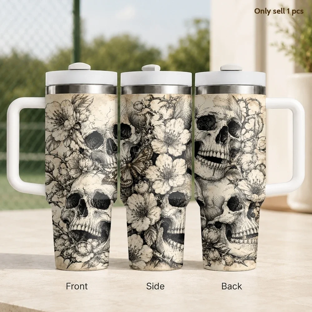 Vintage Skeleton Garden Vacuum Flasks 40oz Stainless Steel Travel Tumbler with Handle Straw Lid Double Wall Vacuum Insulated