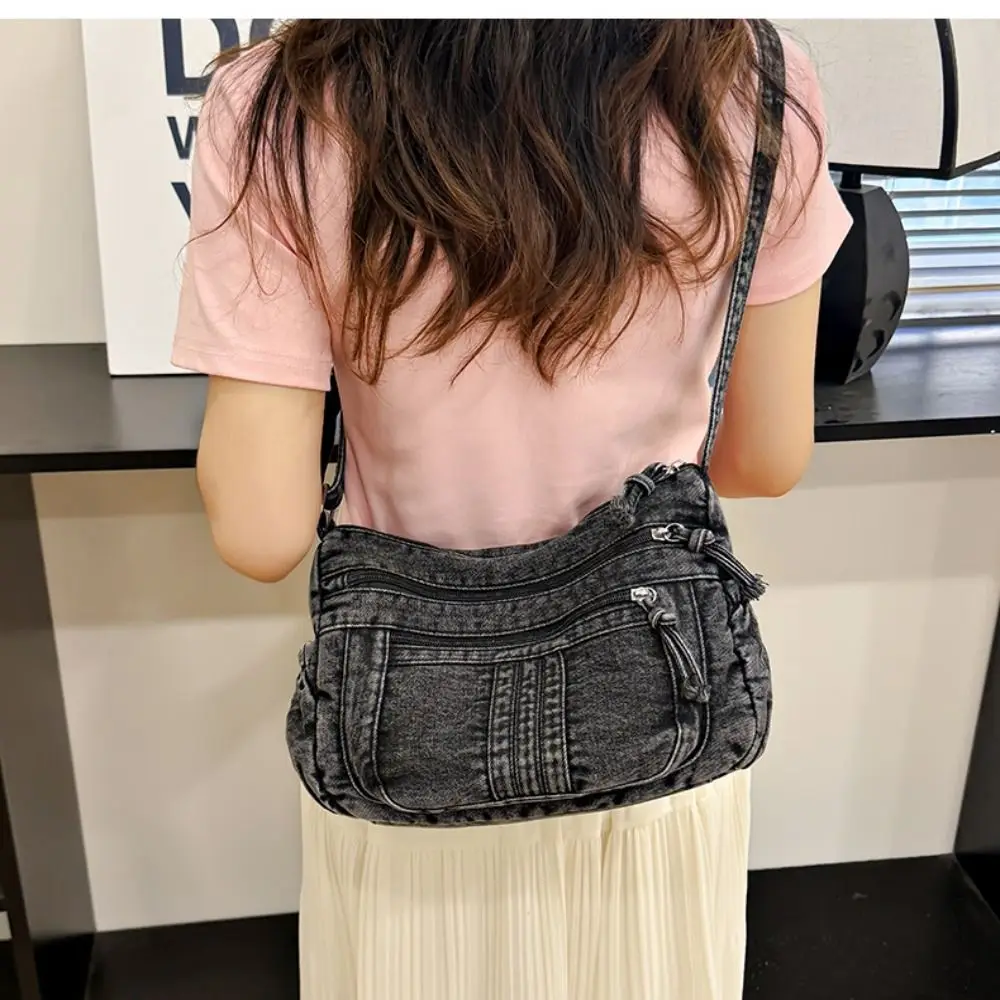 

Джинсовая ковбойская сумка через плечо в стиле ретро, винтажная женская сумка большой емкости, регулируемый ремень на молнии, джинсовая сумка на плечо для девочек