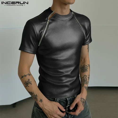 Imagen 2 del producto INCERUN, camiseta para hombre, camiseta brillante de manga corta con cremallera, camisetas informales para hombre, ropa de calle de verano 20225, ropa informal de moda brillante para hombre