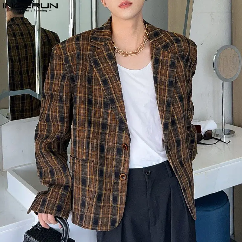 2024 INCERUN Korean Fashion Casual Blazer Long Sleeve Loose Coats Simple Pocket Bottun Lapel plaid Suits Autumn Streetwear S-5XL