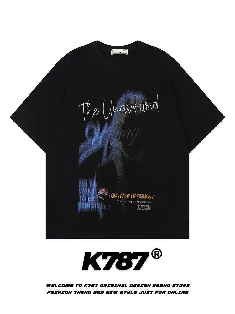 

K787 American Retro Abstract Cartoon Print Oversize Crew Ne ort Sve T-irt ex High Street Couple Tops Cotton Casu...