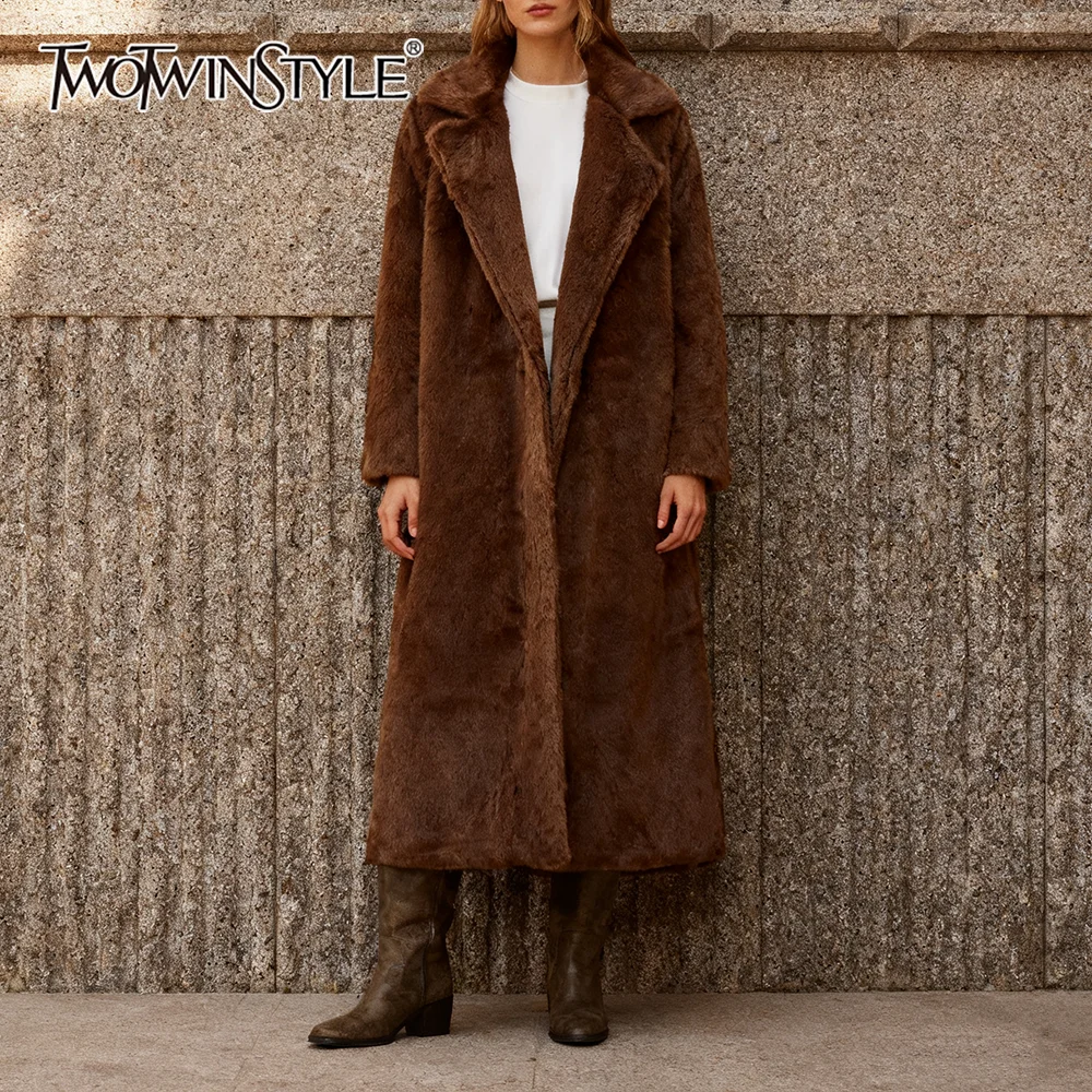 

TWOTWINSTYLE Baiscs Fashionable Faux Fur Coat for Women Lapel Long Sleeve French Street Brown Trench Female Winter Clothes New