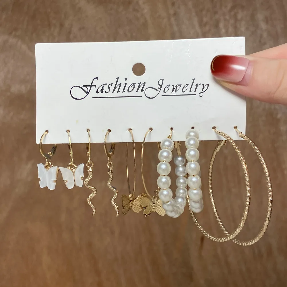 Earrings 5 Pairs Set Acrylic Butterfly Hoop Snake Faux Pearl Retro Unique for Women Daily Party Durable Lightweight