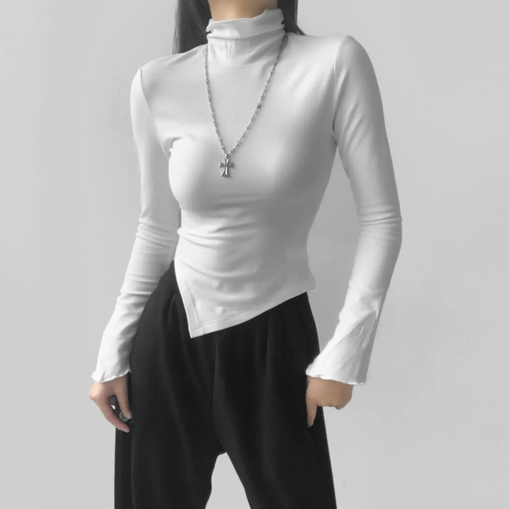 

Women's Brushed Half Turtleneck Bell Sleeve Slim Fit Top Irregular T-Shirt Bottoming Shirt for Autumn Winter