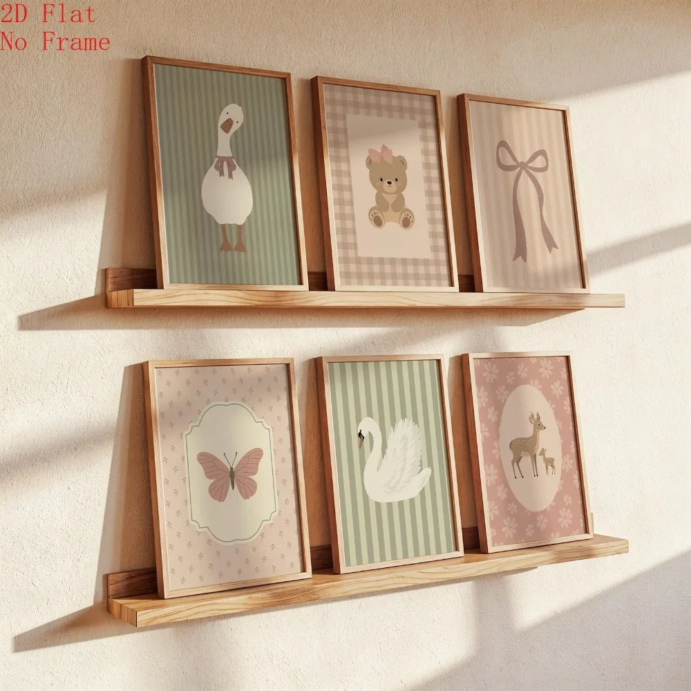 6pcs Frameless,Pastel Flower Nursery Wall Art Printing,Sage Green and Pink Farm,Christmas Living Room Bedroom Wall Decoration
