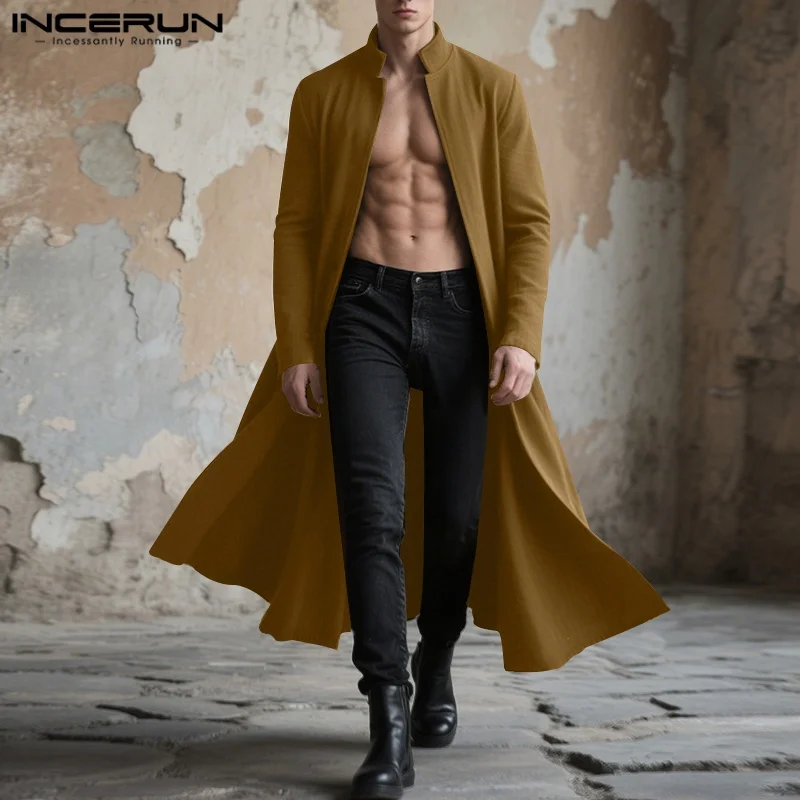 

INCERUN Men Long Style Trench Solid Color Stand Collar Long Sleeve Male Thin Coats Cardigan Streetwear 2025 Fashion Windbreaker