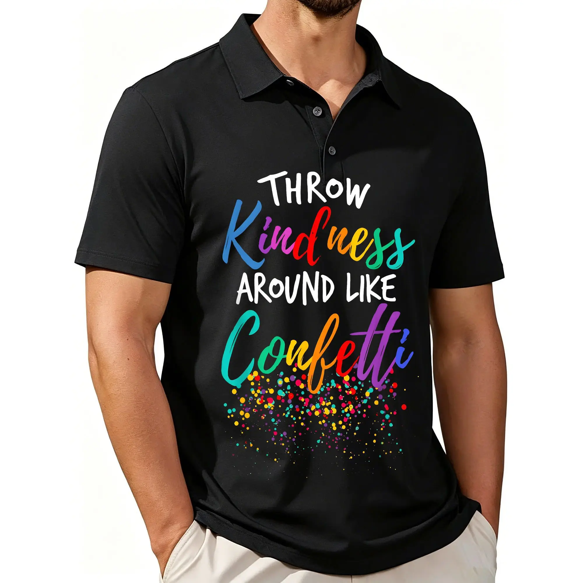 Men's Printed Short-Sleeved Polo Shirt with Heartwarming Teacher Slogans Spread Throughout Like Confetti, Featuring a Stylish and Casual Fit, Breathable Fabric, and Suitable for All Seasons.