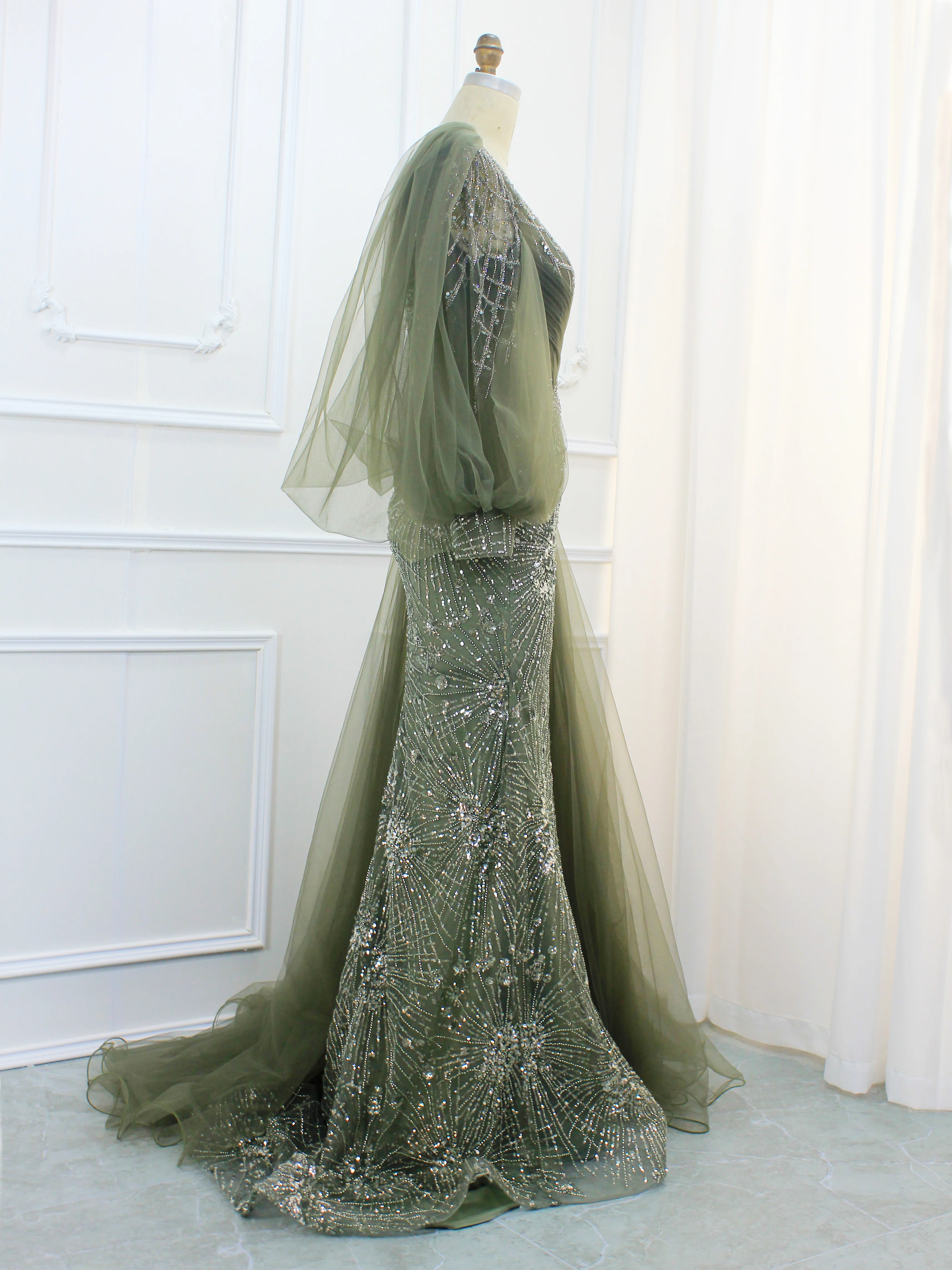 Robe de soirée verte à manches initiées pour femmes, jupe cape perlée de luxe, robe formelle, fête au meilleur prix, 2024, offre spéciale