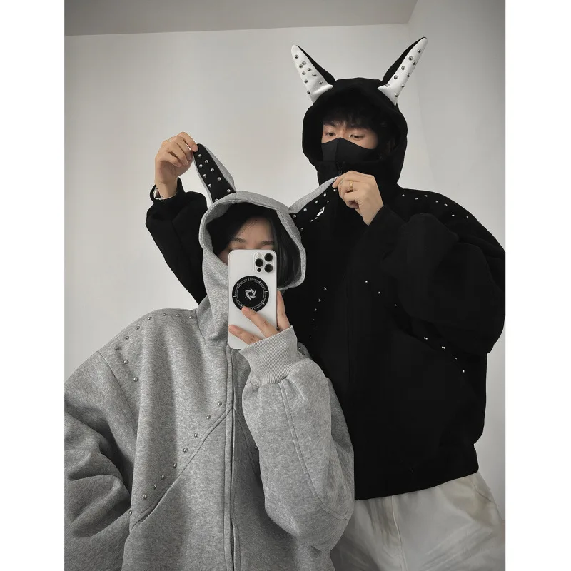 

500g Heavyweight Riveted Animal-Ear Couple's Hoodies, Punk Hooded Mans Zip Up Hoodies, Niche Streetwear Y2k Clothes For Woman