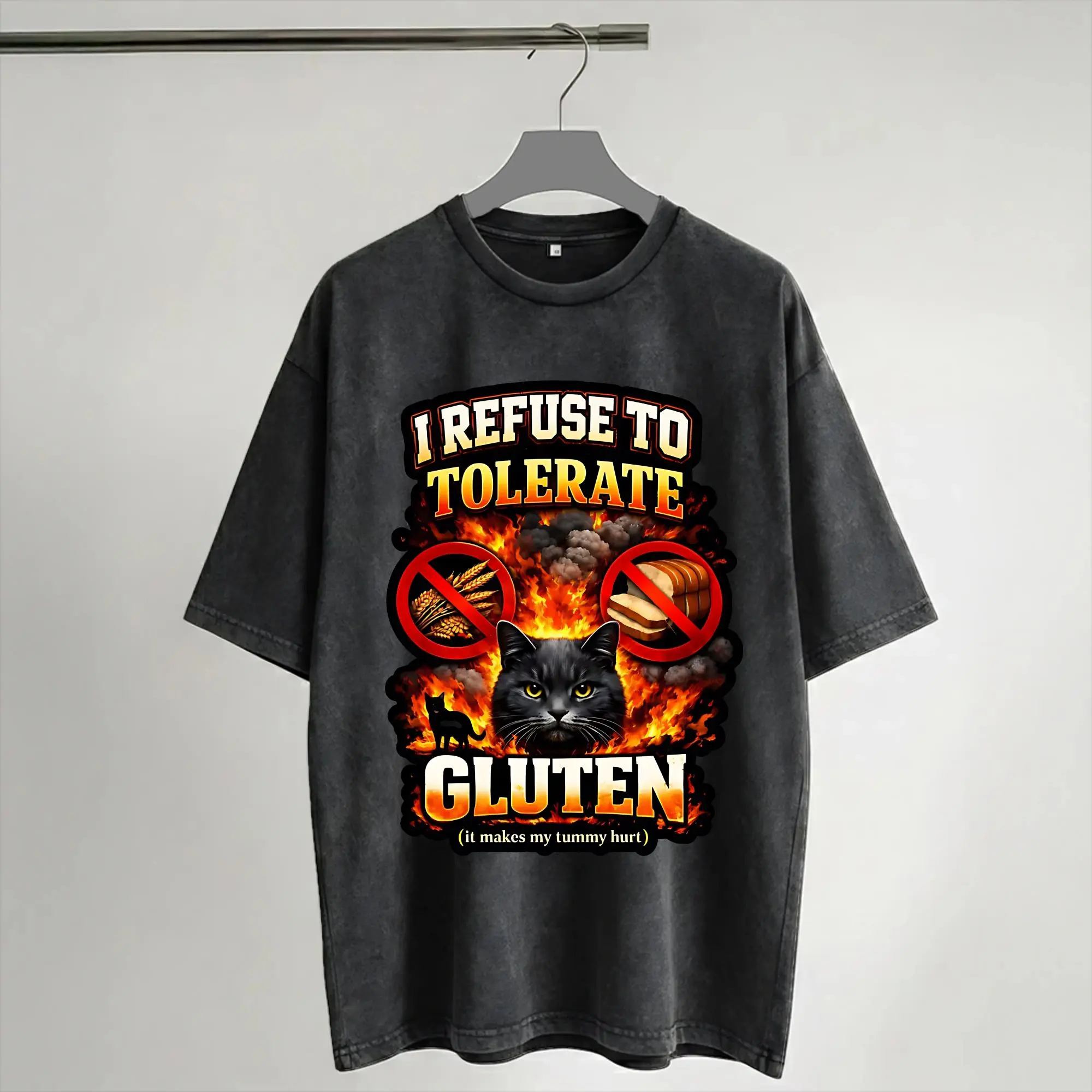 Harajuku Washed Shirts I Refuse To Tolerate Gluten Funny Cats Apparel Vintage T-Shirts Oversize Short Sleeve Printed Tops Tees