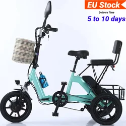 Triciclo eléctrico de 3 ruedas de 14 pulgadas, bicicleta eléctrica plegable de 48V y 350W para adultos, 2 personas con asiento trasero extraíble, velocidad máxima 20