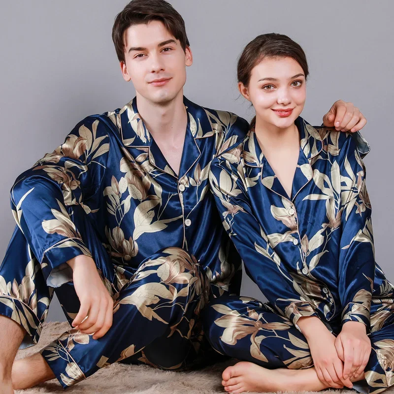 Satin Silk Pajamas for Couples Loose Casual Print Pijamas Women Sets Luxury Jacquard Sleepwear Soft Skin-friendly Pyjama for Men