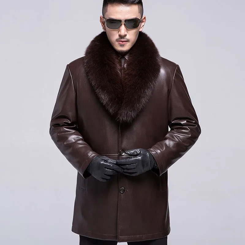 Fox Fur Collar Turn-Down Collar Men Genuine Leather Jacket Long Casual Single Breasted Coats Winter Solid Loose Male Overcoat