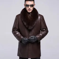 Fox Fur Collar Turn-Down Collar Men Genuine Leather Jacket Long Casual Single Breasted Coats Winter Solid Loose Male Overcoat