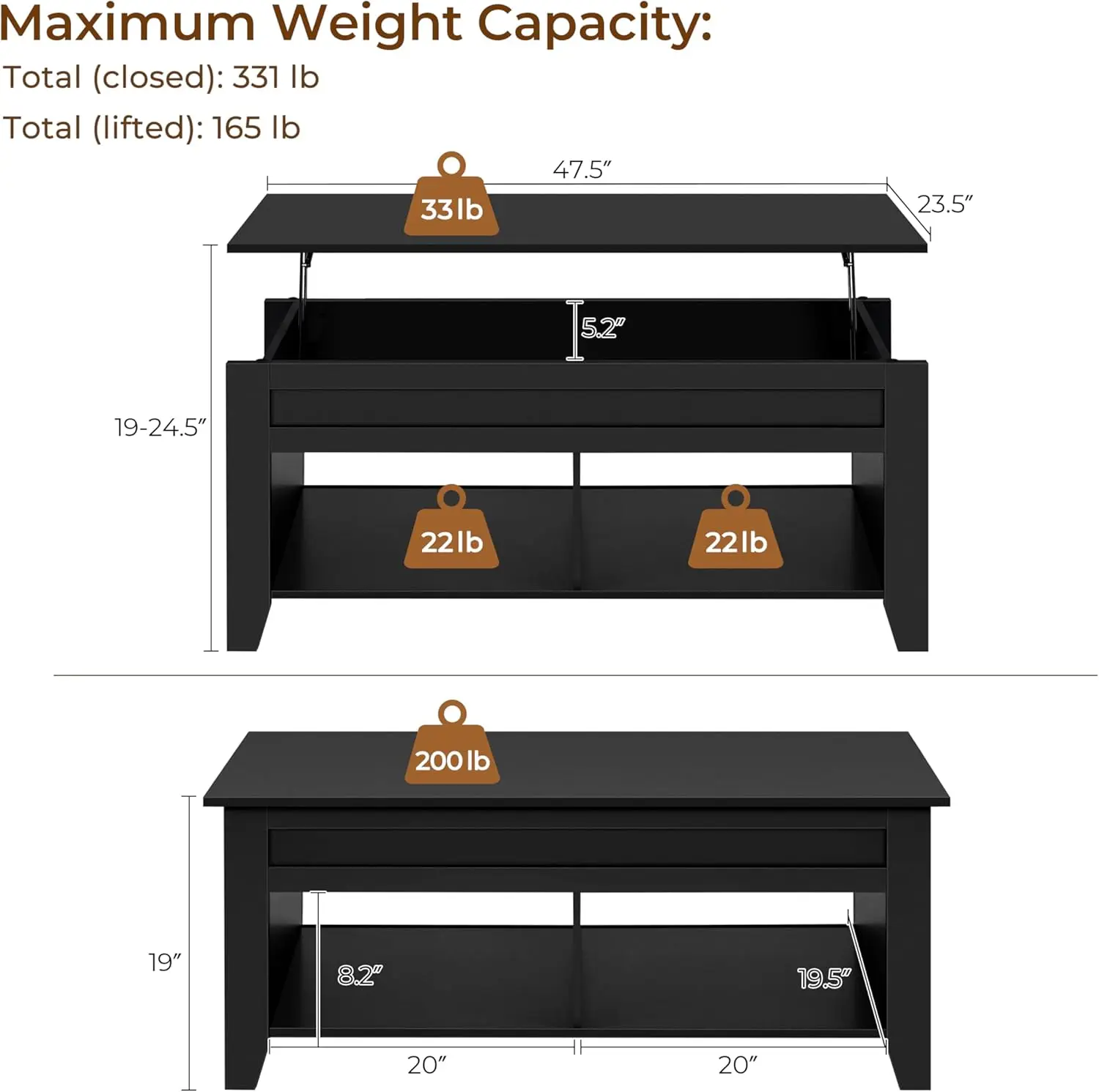 Lift Top Coffee Table with Hidden Storage, 47.5 Inch Black Design for Living Room