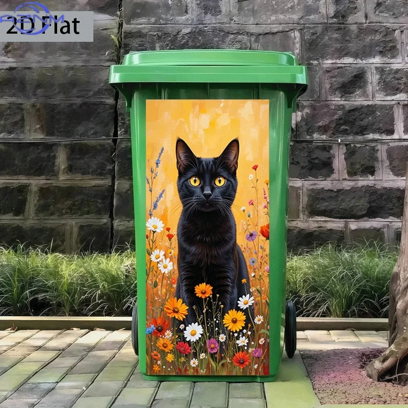 2D Flat Printing 1pc Trash Can Sticker ×cm Black Cat Gazing at Flowers in a Bush Animal Themed Design Self-Adhesive Wall Decal