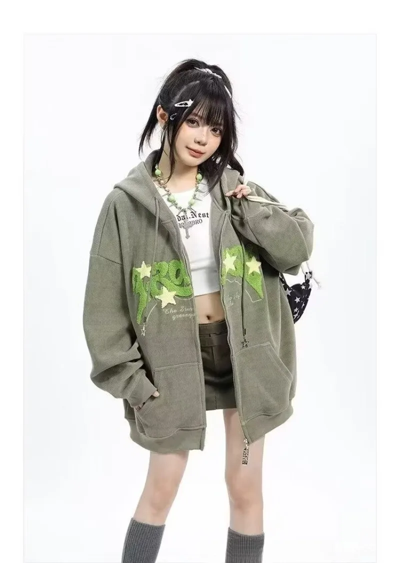 

Fashion Embroidery Zip Up Hoodies Women Long Sleeve Loose Hood Shirt Harajuku Y2K Clothes Female Winter Goth Sweatshirt Jacket