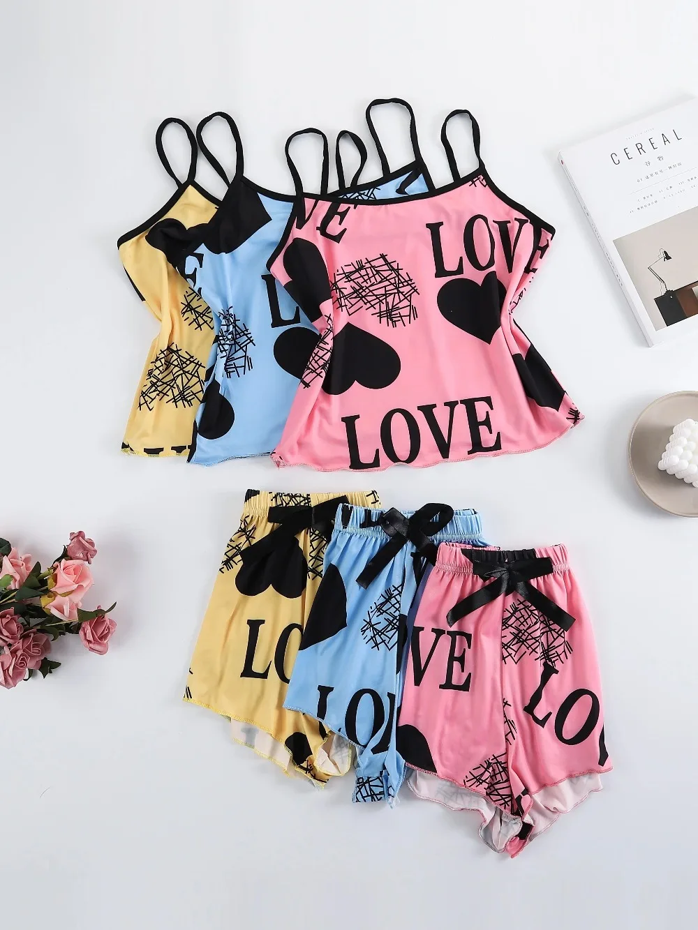 Women Summer Pajamas Set Crop Top and Shorts Loungewear Sleepwear Cute Heart Letter Print Nightwear Home Clothes